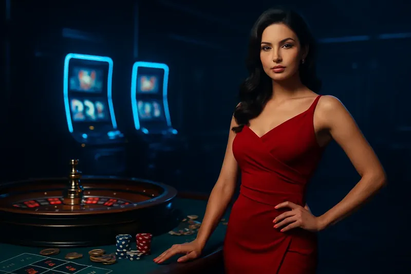 Beautiful woman in red dress standing confidently near roulette and slot machines in a luxurious Bangladesh casino with neon accents and gold coins