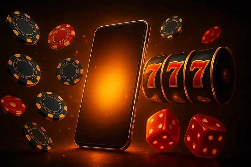 Glowing smartphone surrounded by casino chips, slot reels, and dice on a dark gold-accented background